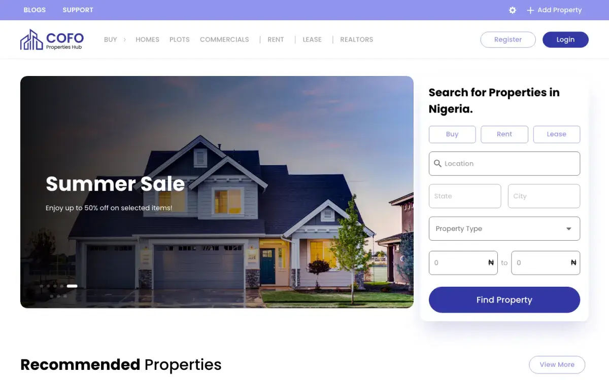 COFO real estate marketplace listing homepage
