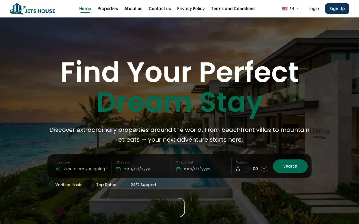 JetsHouse luxury property rental platform homepage